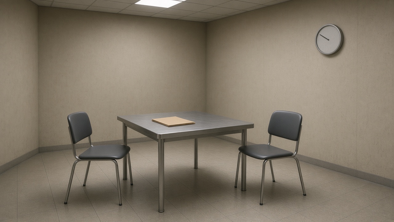 Empty police interview room with a closed file on the table