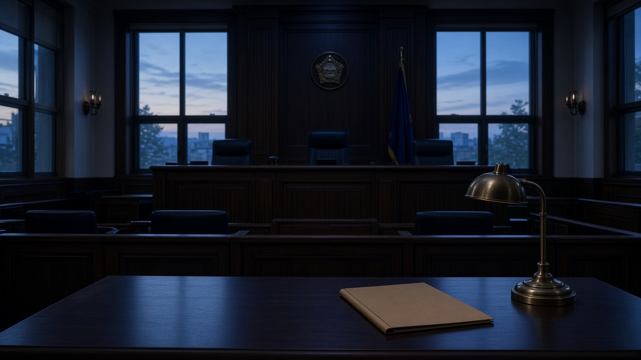 Empty courtroom at dusk, sealed files stacked on the counsel table