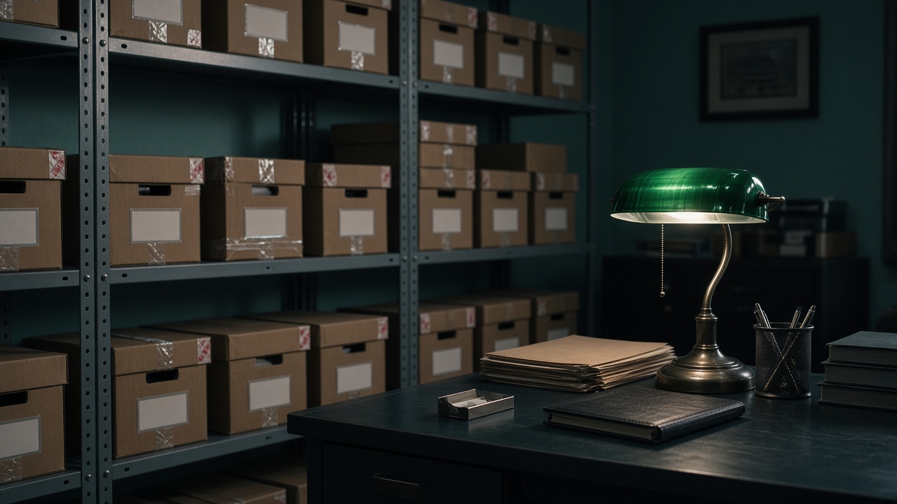 Evidence-room shelves of sealed exhibit boxes on a narcotics desk