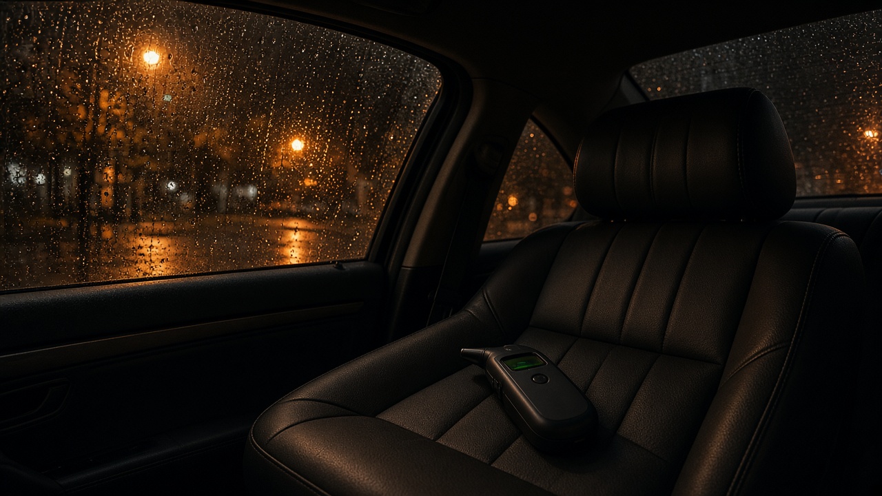 Breath-test device on a passenger seat behind a wet windshield