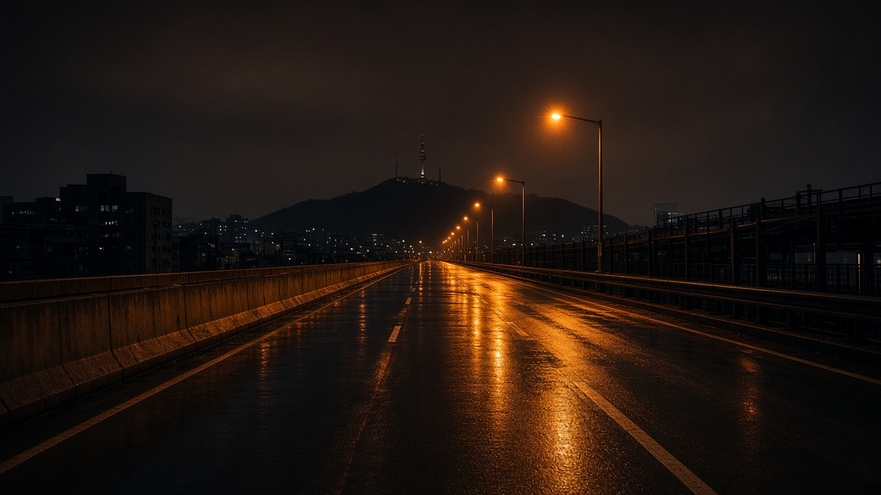 Wet empty Seoul highway at night under sodium lights