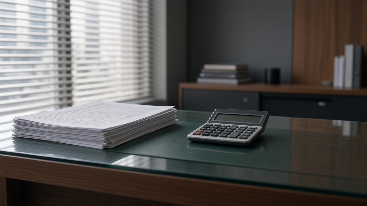 Fraud case files and banking exhibits on a law-office desk