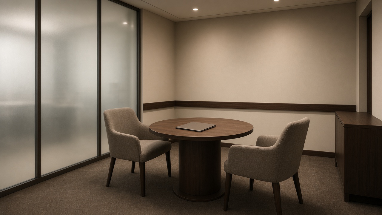 Private defense consultation room with a sealed confidential folder