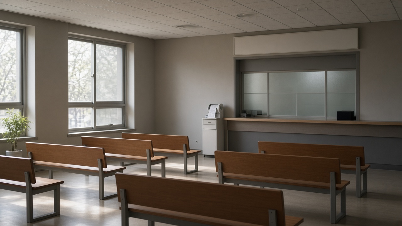 Empty administrative waiting hall with wooden benches