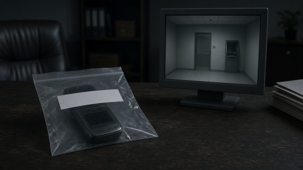 Phone sealed as an exhibit beside voice-phishing case files