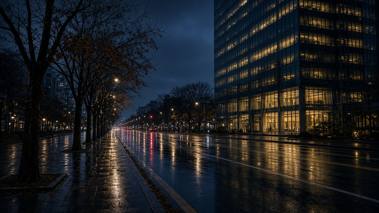 Night rain on Seocho-daero, glass tower offices still lit