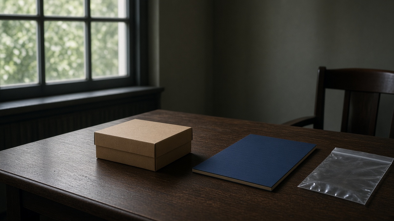 Open possession file and a small sealed exhibit on a counsel table