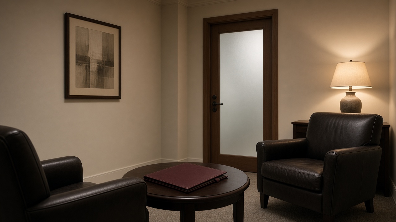 Private defense consultation room with a sealed confidential file