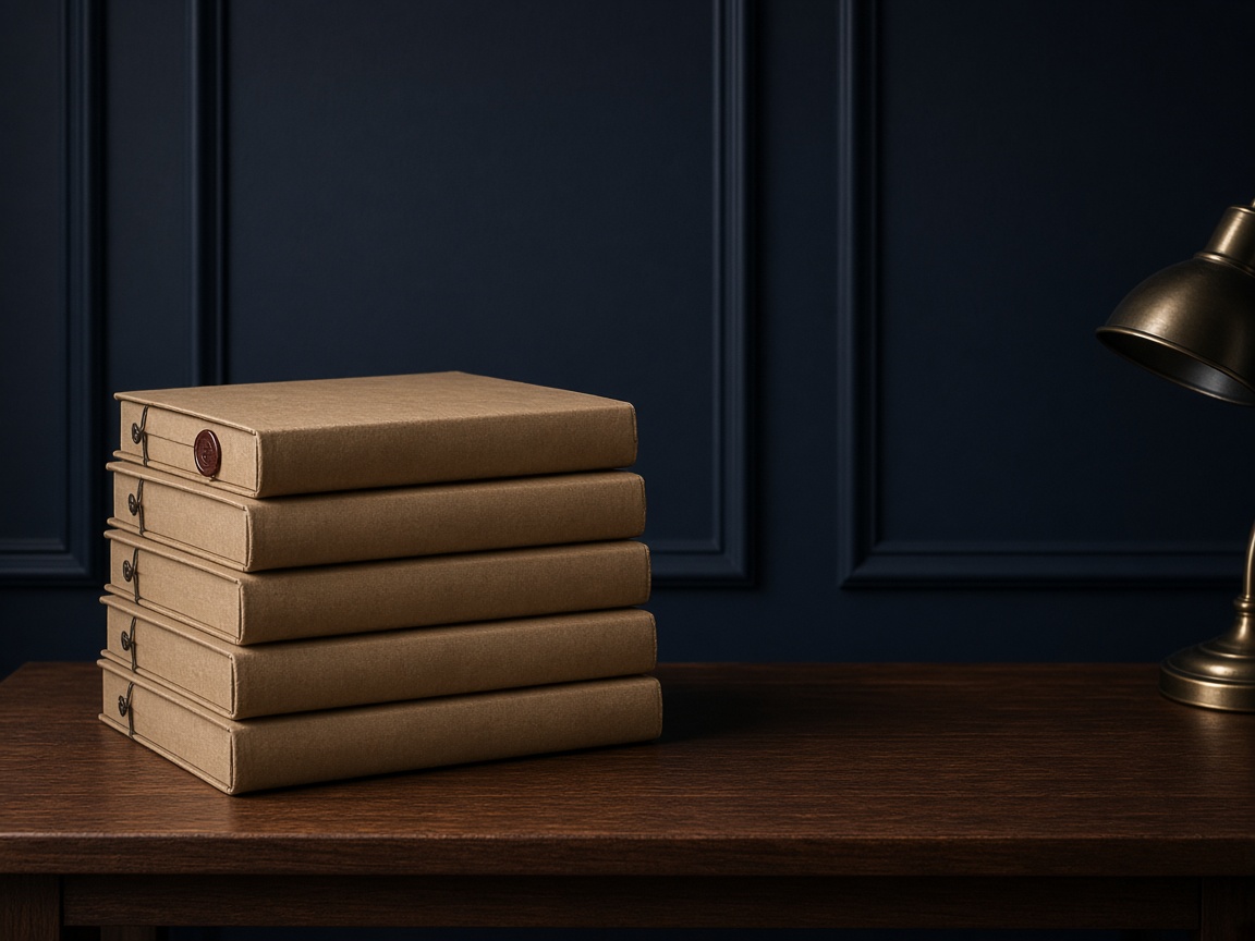 Empty courtroom at dusk, sealed files stacked on the counsel table
