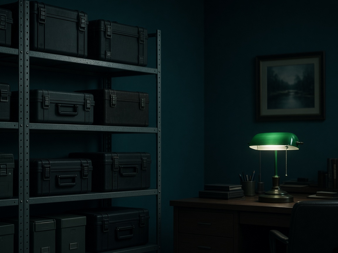 Evidence-room shelves of sealed exhibit boxes on a narcotics desk