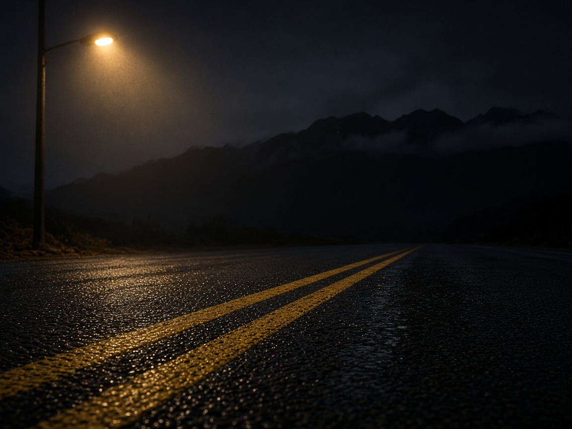 Wet empty Seoul highway at night under sodium lights